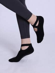 1 Par de Meias de Yoga Pretas, Ponta Redonda, Bottom de Tecido Atoalhado Macio e Confortável, Tira Cruzada Antiderrapante, Adequado para Pilates, Exercícios Internos, Dança