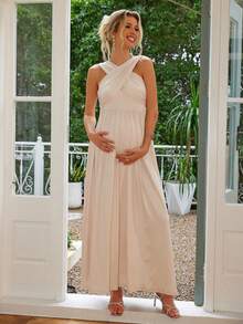 Joyfunear Maternity Solid Color High Slit Criss-Cross Neck Dress