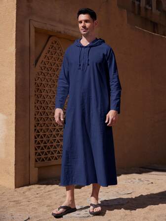 Men's Long Sleeve Oblique Pocket Drawstring Hooded Long Shirt