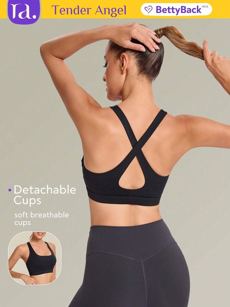 Tender Angel Women's Sports Yoga Bra Cross-Back Open Back Wireless Sports Bra, Medium Support Removable Pads - Black - View 1