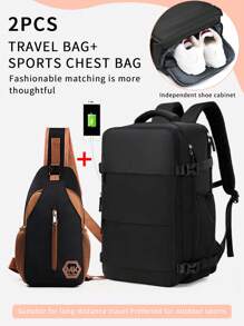 2Pcs/Set: Large Capacity Backpack And Chest Bag, Suitable For Men, Short-Distance Travel And Tourism In Summer. Multiple Compartments Can Hold Shoes, Multifunctional Backpack With Sports Chest Bag, Suitable For Business Trip, Travel, Camping. Nylon Solid Color Simple Backpack With Laptop Compartment, High Cost Performance. Cabin Carry On Bag, Airline Approved Travel Essentials