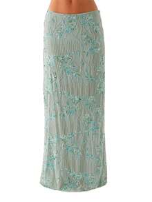 Women Summer Skirt Casual Elegant Sequin Floral Embroidery Long Skirt For Beach Vacation Club Streetwear - Màu xanh Bạc hà - Xem 5