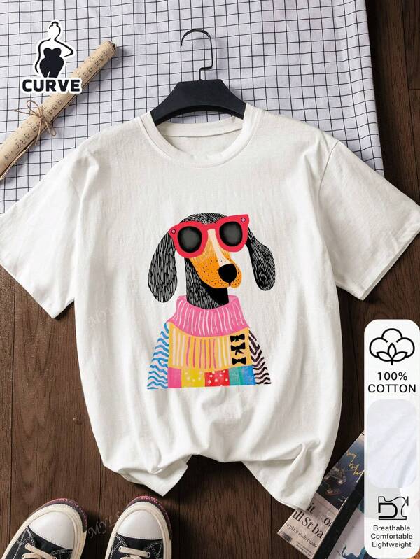 Cartoon Welpen Muster, Sommer Damen Große Größen Lässig 100% Baumwolle Kurzarm, Sommer T-Shirts, Lässig Damen Outfits, weißes Top, Grafik T-Shirts, Baumwolle T-Shirts