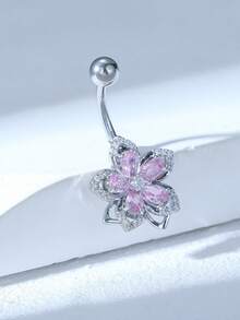 1 chiếc nhẫn rốn bằng thép không gỉ sáng bóng hình hoa 5 cánh dành cho nữ bằng đá Zirconia tổng hợp sáng bóng - Quà tặng sinh nhật lý tưởng cho gia đình và bạn bè - Bạc - Xem 1