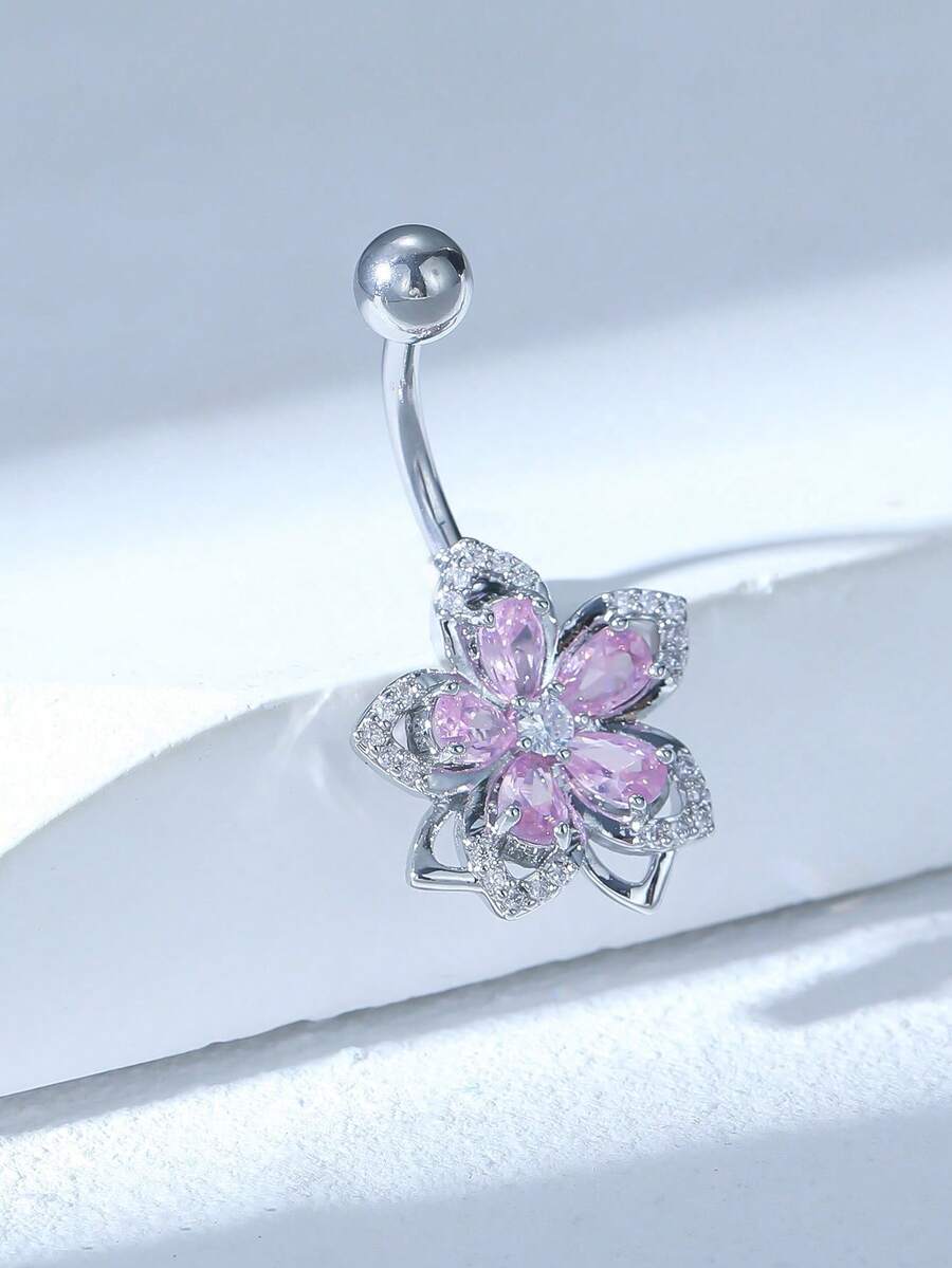 1 chiếc nhẫn rốn bằng thép không gỉ sáng bóng hình hoa 5 cánh dành cho nữ bằng đá Zirconia tổng hợp sáng bóng - Quà tặng sinh nhật lý tưởng cho gia đình và bạn bè - Bạc - Xem 1