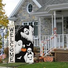 Welcome Halloween Garden Flag (30cm X 45cm/12inch X 18inch) Double Sided Burlap With Three White Ghost Boo Pumpkin Yard Flags. Suitable For Outdoor Terrace, Holiday, Outdoor Halloween Decoration