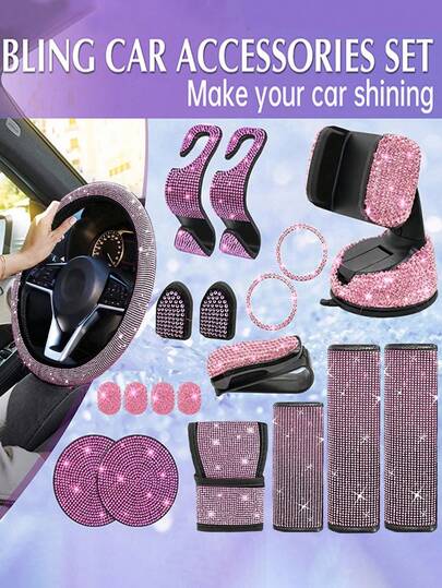 19-Piece Set Bling Car Steering Wheel Covers With Cup Holder Coaster And Gear Shift Knob Cover, Polyester Fiber Auto Diamond Steering Wheel Cover Set With Armrest Pad And Start Button Ring, Universal Fit