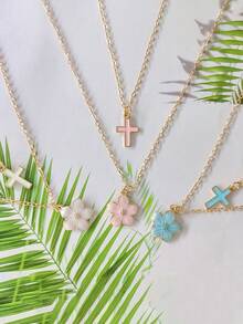 2 Pcs/Set Exquisite Fashion Five-Petal & Cross Pendant Necklace For Women,Cute Charm Summer Clavicle Necklace Sweet Cute Street Accessory Gift For Daily Life - Multicolor - View 6
