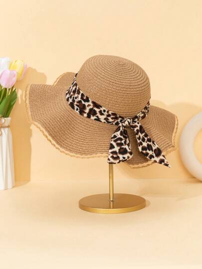 1 szt. damski nowy styl kapelusz słomkowy z nadrukiem w panterkę, składany, codzienny, chroniący twarz kapelusz słomkowy