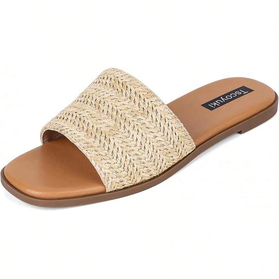 Slides Sandals Women Basic Slip On Flat Sandals Open Toe Comfort Beach Sandals Slippers Casual Dressy Summer - 杏色 - 查看 1