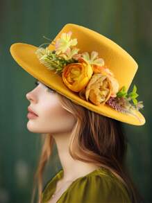 1pc Women's Fashion Wide Brim Hat Lake Blue Multicolor Floral Green Leaf Embroidery Elegant Sun Hat High Quality Straw Hat Wedding Holiday Mother's Day Gift Beach Sun Protection Straw Hat