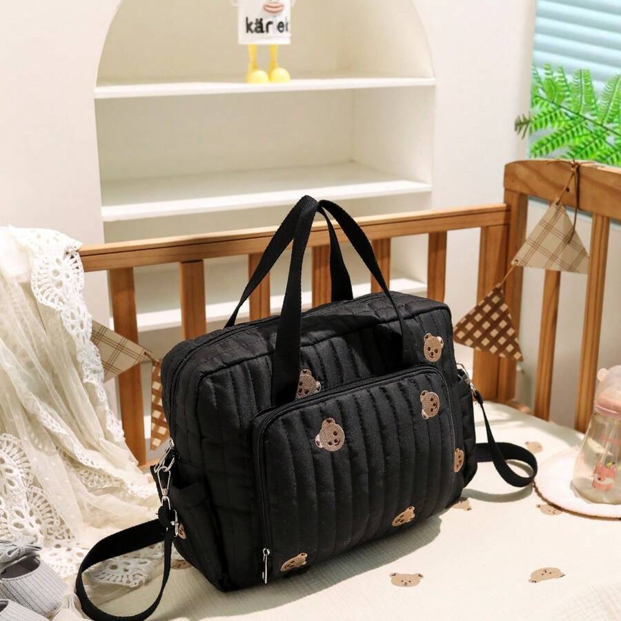 2024新款时尚妈妈包手提包韩版刺绣单肩斜挎包大容量绣花熊孕妇包 - 黑色 - 查看 1