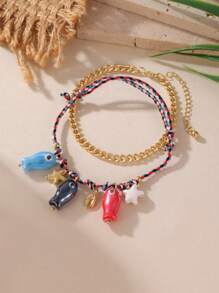 2 Stücke/Set süßes, mehrschichtiges buntes Seil, Keramik Fisch & Seestern, Edelstahl Kette Fußkette Set für Frauen, geeignet für Urlaubsoutfits