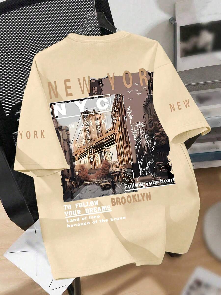 Áo thun cổ tròn in hình thành phố New York dành cho thiếu niên nam, thoải mái và thời trang, thích hợp mặc đi học, đi mua sắm, dạo phố và đi nghỉ mát mùa hè. - Màu be - Xem 1
