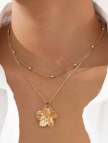 1 件简约欧美风格不锈钢珠链配花卉吊坠项链，男女通用 - 項鍊 - 查看 1