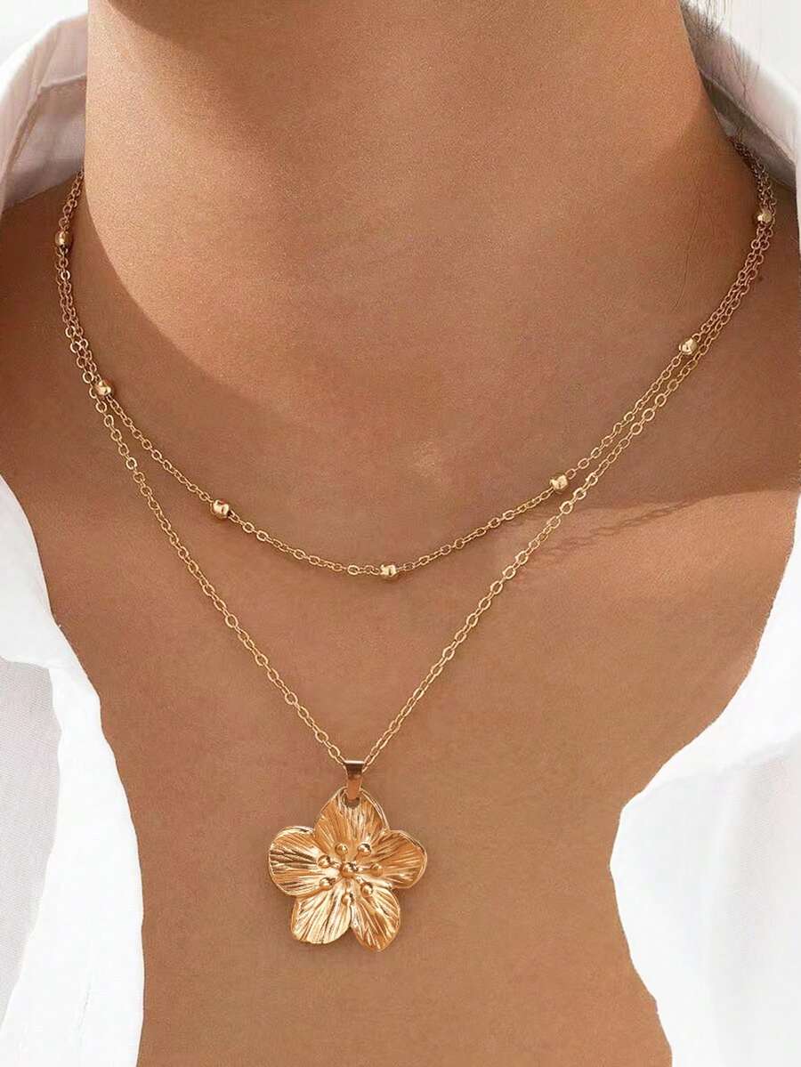 1 件简约欧美风格不锈钢珠链配花卉吊坠项链，男女通用 - 項鍊 - 查看 1