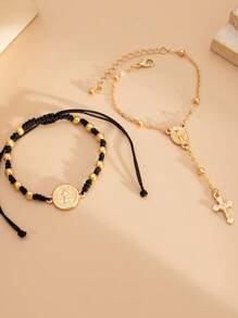 Set van 2 stuks modieuze hiphop vintage metalen kruis kwast armband, munt ketting decoratie handaccessoires, geschikt als cadeau, dagelijks gebruik, feestjes