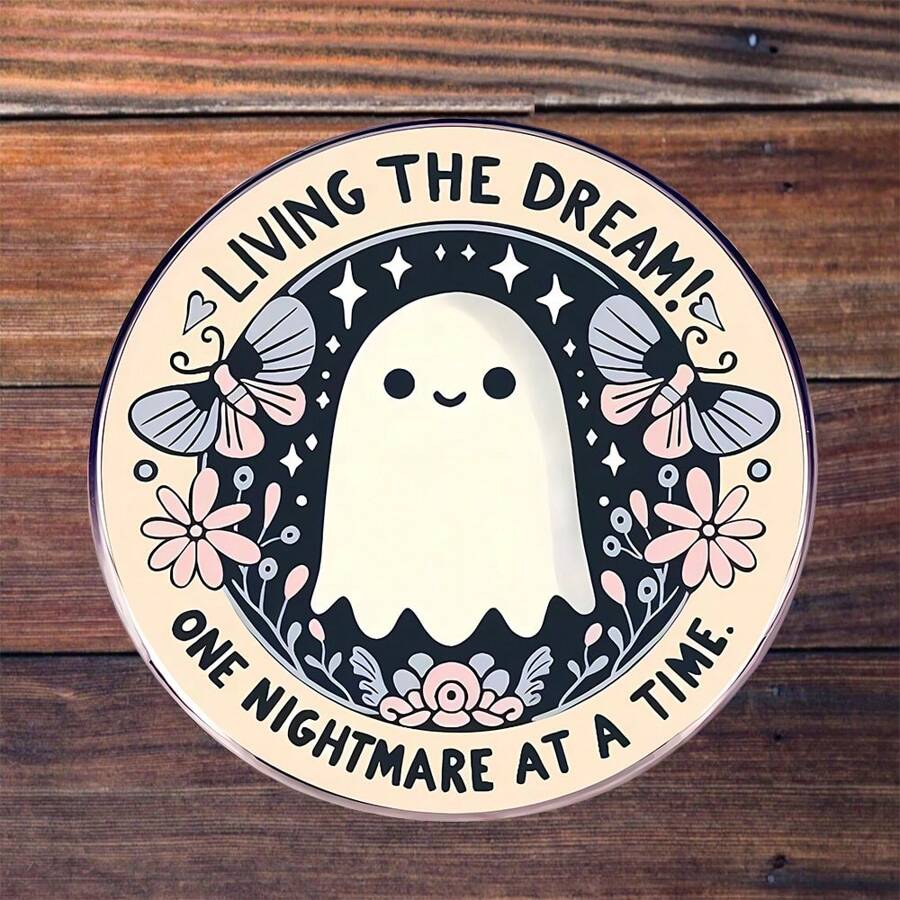 3 Inch Polyethylene Sticker, "Living The Dream! One Nightmare At A Time" Cute Ghost Round Metal Sign - Gothic Cottagecore Wall Decor For Bedroom & Halloween | Gift For Goth Aesthetic Lovers. Waterproof, Easy To Paste, Waterproof And Oil-Proof, Clear Pattern, Reusable Stickers, Rich Colors, Fun Life Art, Suitable For Car Stickers, Laptops, Phones, Water Bottles, Books And Other Colorful Sticker Decorations.