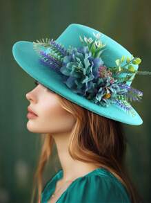 1pc Women's Fashion Wide Brim Hat Lake Blue Multicolor Floral Green Leaf Embroidery Elegant Sun Hat High Quality Straw Hat Wedding Holiday Mother's Day Gift Beach Sun Protection Straw Hat