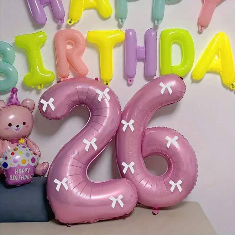 32インチ真珠ピンク数字フォイルバルーン1個と白リボン5個セット、結婚式、誕生日、記念日、卒業、バレンタインデー、クリスマスパーティーの装飾に適しています - ピンク - 見る 3