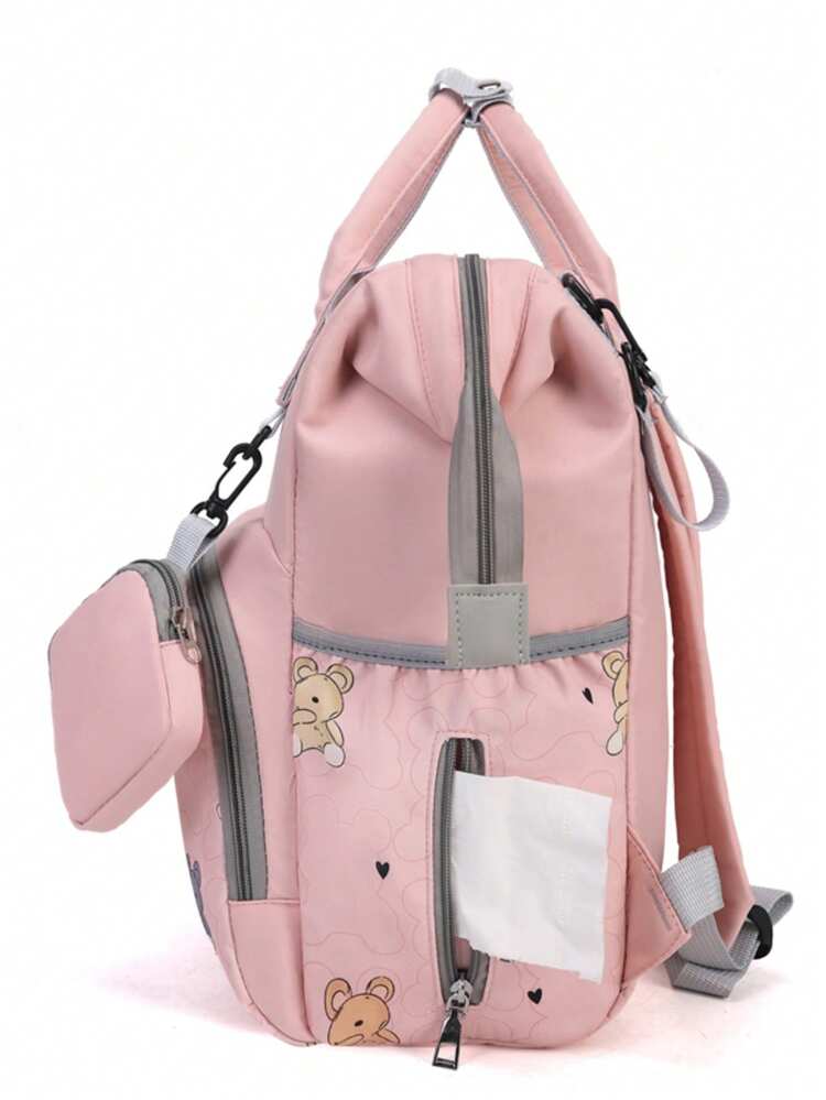 1pc Teddy Bear Print Diaper Bag Backpack, Large Capacity Mother Maternity Nappy Bag, Fashionable & Portable, Suitable For Baby Stroller - Pink - View 5