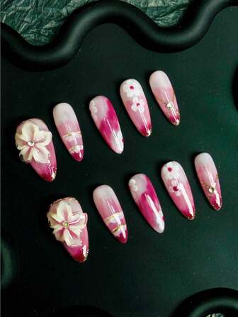 10 件中号椭圆形按压指甲，粉色 - 白色渐变色和 3D 花朵，手绘花瓣，金箔设计，100% 手工制作的丙烯酸指甲，可重复使用的指甲用品包括果冻胶、棒和指甲锉，适合女性日常或派对穿着
