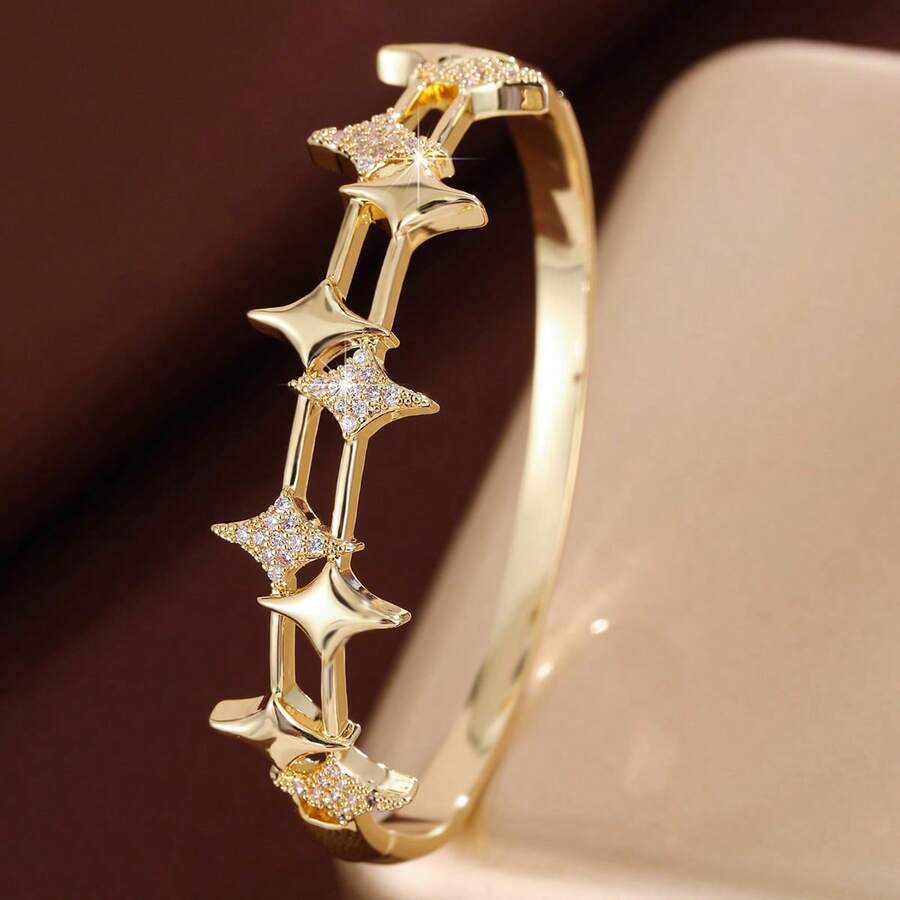 1件装时尚个性化四角星图案镶嵌立方氧化锆女士手链，休闲礼品设计 - 彩色 - 查看 1