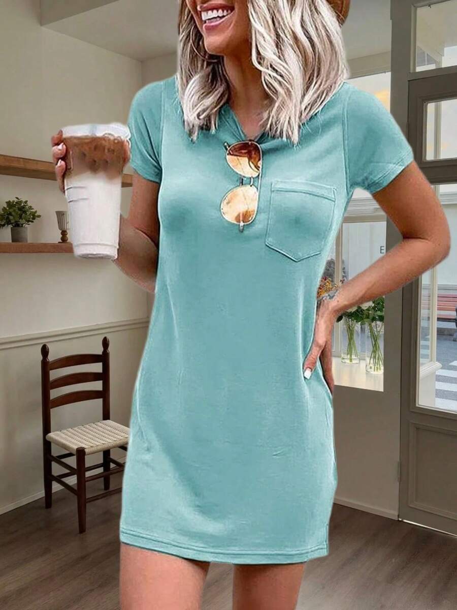 Women T Shirt Mini Dress Summer Short Sleeve Crew Neck Casual Dress With Pocket - 綠色 - 查看 1