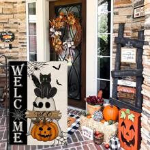 Welcome Halloween Garden Flag (30cm X 45cm/12inch X 18inch) Double Sided Burlap Black Cat Ghost Boo Pumpkin Bat Spider Web Courtyard Flag Suitable For Outdoor Terrace Holiday Outdoor Halloween Decoration
