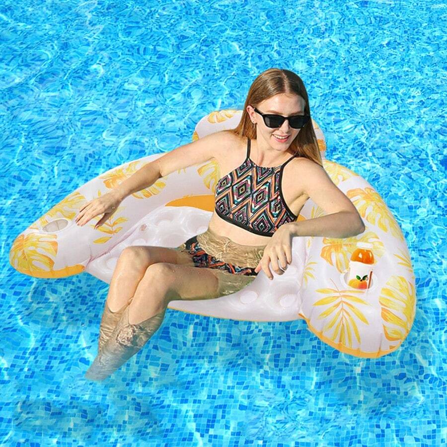 1 件装充气泳池浮床漂浮躺椅带杯架泳池躺椅成人水椅适合泳池派对湖泊河流 - 黃色 - 查看 1