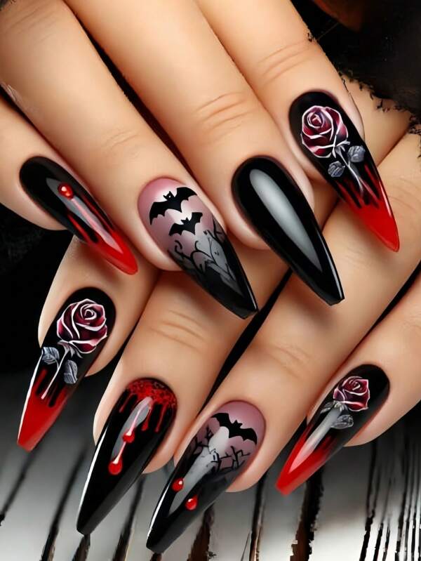 Halloween Nail Art Patches, Medium And Long Nail Art Patches, Halloween Red And Black Glossy Nail Art, Halloween Ballet False Nail Art Patches, Red Rose Blood Bat Mysterious Color False Nail Art Patches, Red Ballet Nail Art Patches, Halloween Festival Gift Nail Art Patches