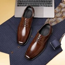 Herren einfarbige Quadratzehenspitze Schnürderbys, elegante Geschäfts-/Hochzeit Anzugschuhe, atmungsaktiv schwarz/braun, Sommer - Braun - Übersicht 6