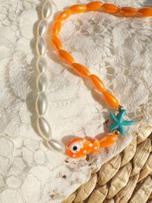 Collar de estilo bohemio con cuentas pintadas a mano con diseño de estrella de mar, cadena de la clavícula de pez payaso de cerámica naranja con lunares