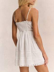 Women Lace V Neck Short Dress Spaghetti Strap Backless Sleeveless Mini Dress Cinched Waist Flowy Beach Dresses - 白色 - 查看 2