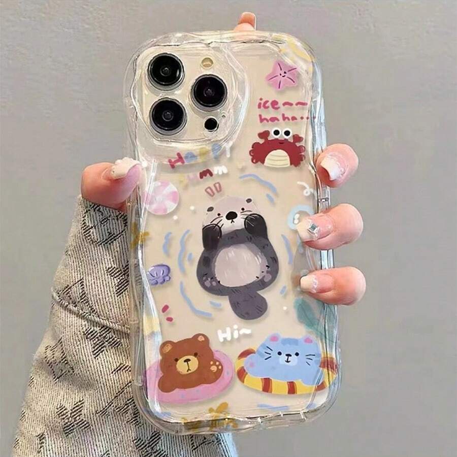 Fashionable Protective Phone Case With Unique Wave Design And Swimming Animal Pattern, Suitable For IPhone 11 12 13 14 15 16 Series, Including Pro And Pro Max, Plus Versions - White - View 1