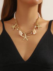 Colar de estrela do mar dourado para mulheres - Corrente delicada inspirada no oceano com detalhes em pérolas e conchas | Joias de praia vintage e doces para o verão | Presente e uso diário para adolescentes