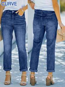 Plus Size Women Slim-Fit Versatile Street-Style Straight-Leg Jeans, Old Money Style, Back To School, Teacher, Fall, Capri Pants, Office Wear, Vintage, Mom Jeans, Summer, Bottoms, Denim, Business Casual