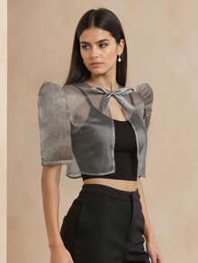 Blusa de manga abullonada, cintura con lazo y abertura frontal, inspirada en el estilo filipiniana, elegante y moderna para primavera/verano