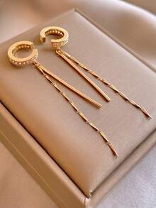 1 Pair Rhinestone Decorated Long Tassel Ear Cuff Earrings, Simple & Fashionable Ear Clip-On Style For Women - Yellow Gold - View 1