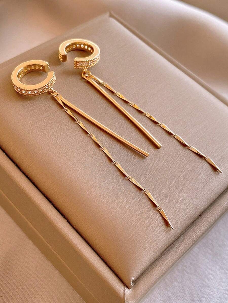 1 Pair Rhinestone Decorated Long Tassel Ear Cuff Earrings, Simple & Fashionable Ear Clip-On Style For Women - Yellow Gold - View 1