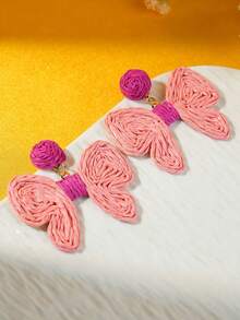 波西米亚风粉色拉菲草蝴蝶流苏耳环，甜美时尚编织耳环，适合女士，节日穿着