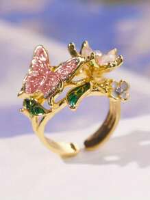 1 Stück eleganter, schimmernder Schmetterlings-Blumen-Tropf-Ring in Pink für Frauen