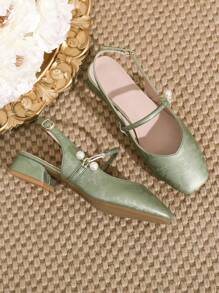 HanDuEke Women's Chunky Heel Square Toe Backless Slip-On Pumps, New French Style Faux Pearl Soft Sole Work Office Casual Shoes