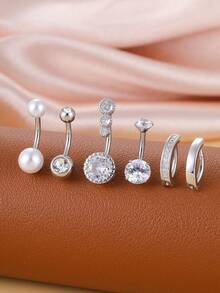 6 件医用级不锈钢肚脐环套装，8 毫米 CZ 镶嵌和仿珍珠设计，可爱的身体珠宝穿孔配件，日常礼物
