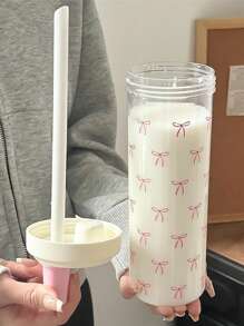 1pc Cute Pink Bow Water Bottle, Reusable With Lid And Straw Cup, Travel And Outdoor Cup, Gym And Sports Bottle, Flat Bottomed Cup, Car Cup, Holiday Gift