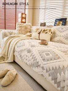 1PC Bohemian-Style Fluffy Soft Sherpa Sofa Cover - Non-Slip, Fits 1/2/3/4-Seater Sectional Couches, Machine Washable Pet-Friendly Living Room Furniture Protector