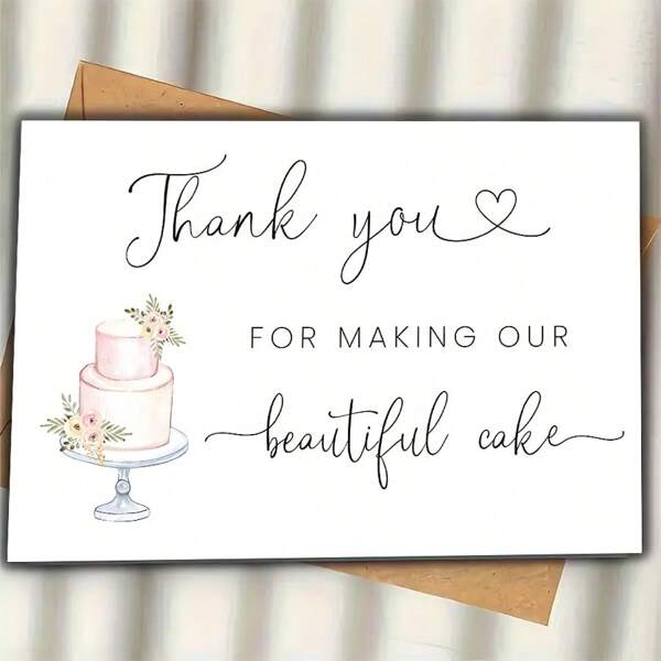 1pc Elegant Floral Wedding Thank You Card For Bakery - Handwritten Cursive Design With Pink Flowers & Cake Illustration, Premium Quality Cardstock For Wedding Cake Bakers, Elegant Gift For Wedding Celebrations, Celebration Card | Heartfelt Sentiment | Delicate Illustration
