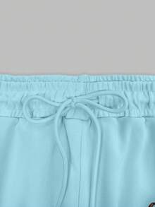 HESSEN 女士休闲简约纯色宽松日常百搭英文字母图案宽松短袖T恤和短裤两件套，健身慢跑服，休闲服，情人节休闲服，新年服 - 藍色 - 查看 6