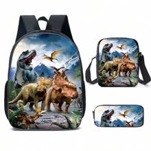 Juego de 3 mochilas escolares para niños y niñas, mochila con diseño de dinosaurio para estudiantes de escuela primaria, secundaria y preparatoria, con gran capacidad de 16 pulgadas, incluye bolsa para el hombro y estuche para lápices