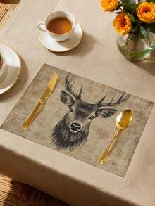 1pc/4pcs/6pcs Deer Portrait Embroidery Design On Burlap Placemat 30.48*45.72cm Washable Place Mats For Dining Room Table Kitchen Table Holiday Parties Home DecorIdeal Place Mat For Coffee Tables - Multicolor - View 4